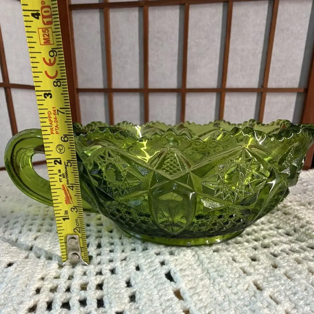 Vintage Olive Green L.E. Smith Glass Hobstar Nappy Candy Dish Scalloped Rim